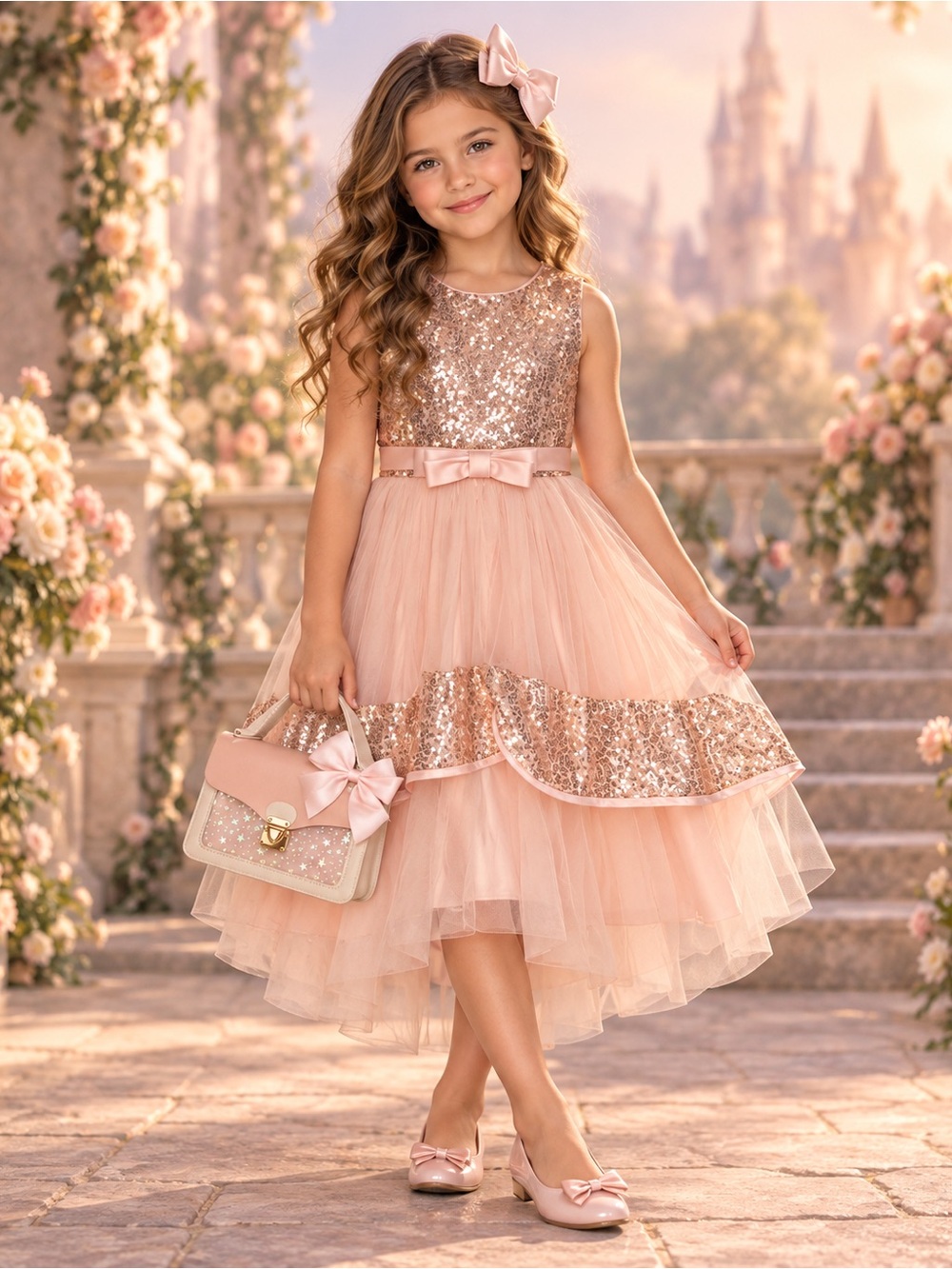 Rain Kids Girls Size 8 Blush Rose Gold Sequin Hi Low Dress Purse Bow Set